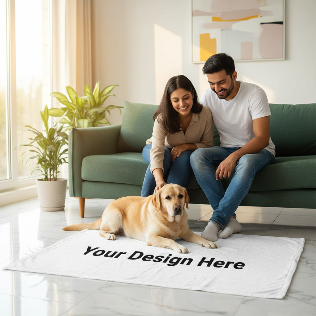 Pet Blanket Lifestyle Mockup - Indian Couple with Labrador