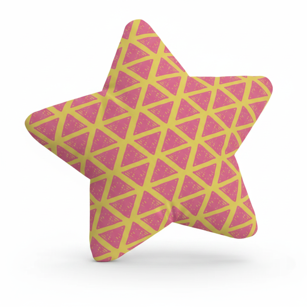 Personalised Star Shaped Cushion - Pink Yellow Geometric Triangle Grid Custom Printed Satin With Filler - front view
