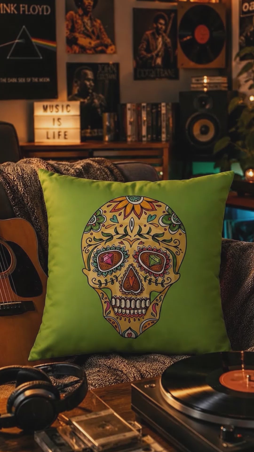 Sugar Skull Mini Cushion - Green Day of the Dead Design