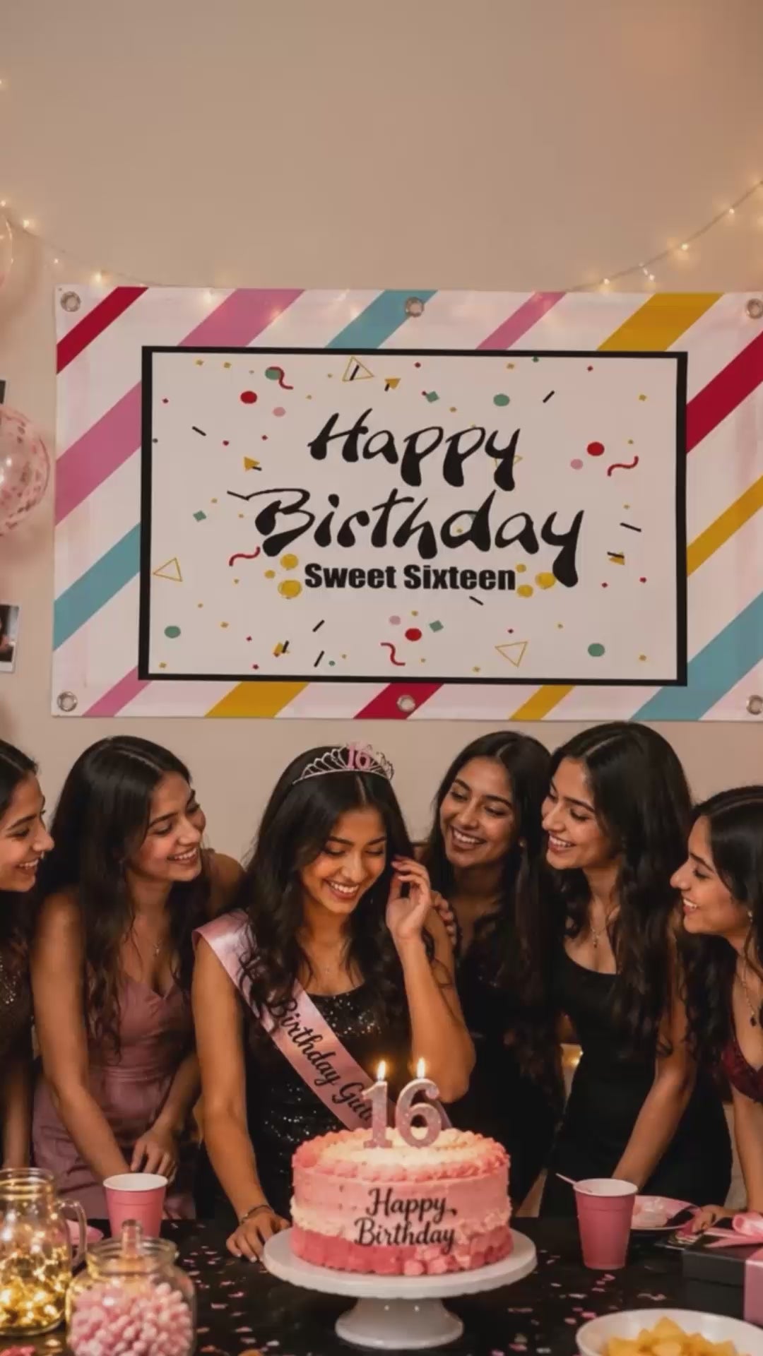 Happy Birthday Sweet Sixteen Party Banner - Colourful Stripe Confetti Custom Printed Satin