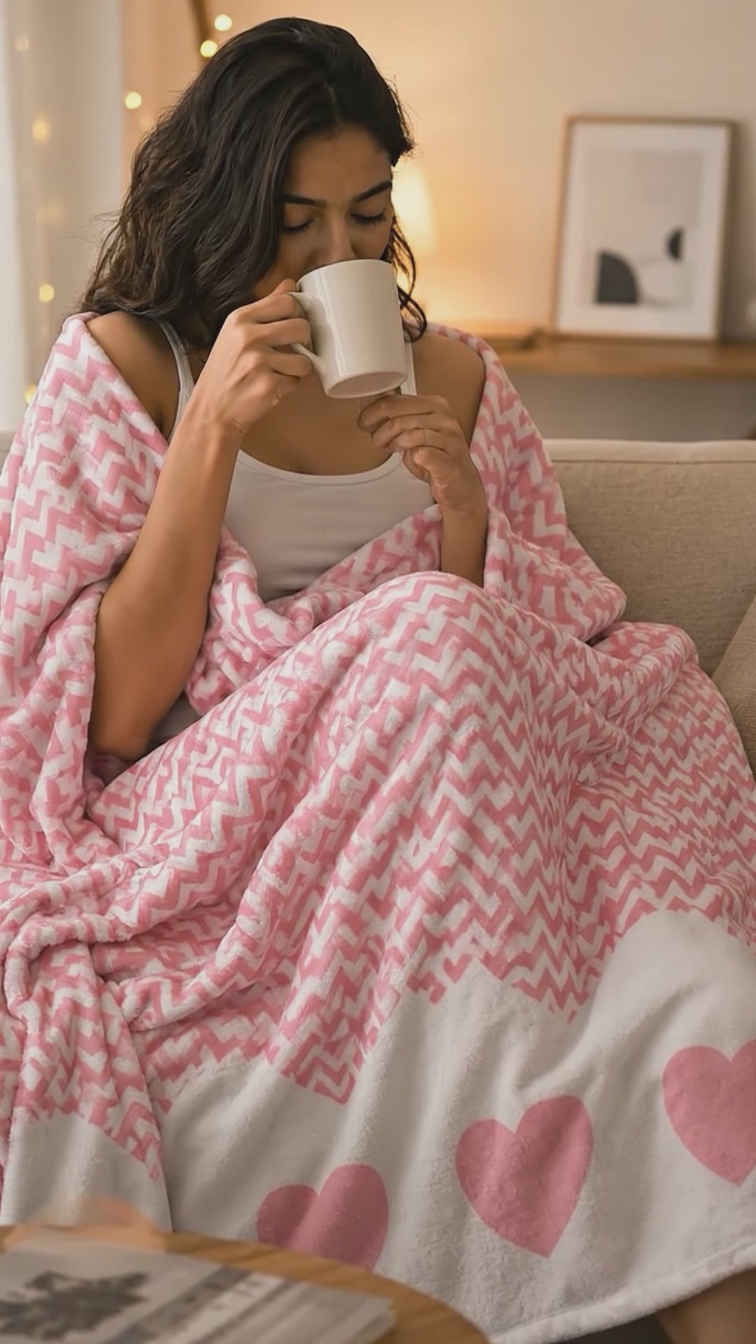 Pink Chevron Hearts Photo Blanket - Zigzag Pattern Design