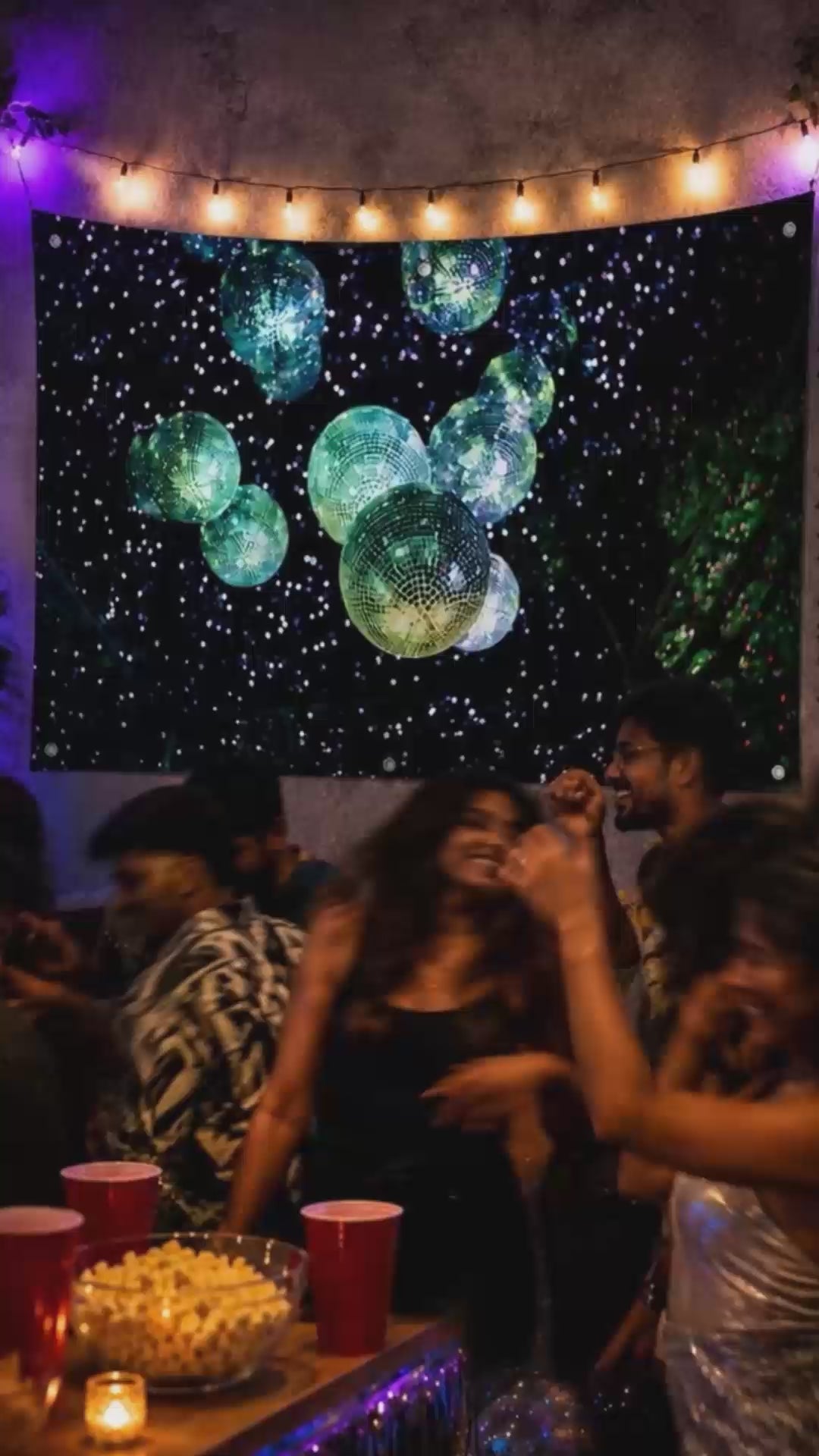 Disco Mirror Ball Party Banner - Dark Starry Night Glitter Custom Printed Satin