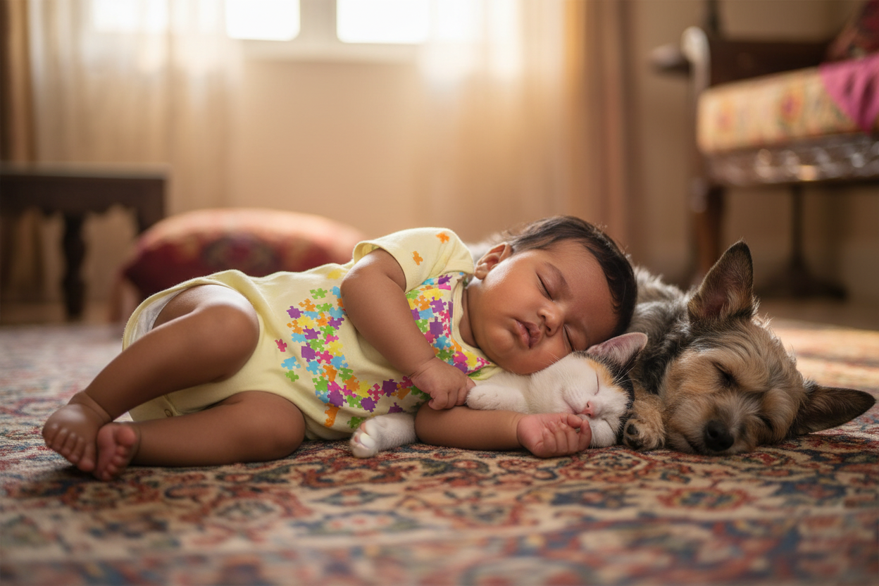 Puzzle heart romper sleeping with pets