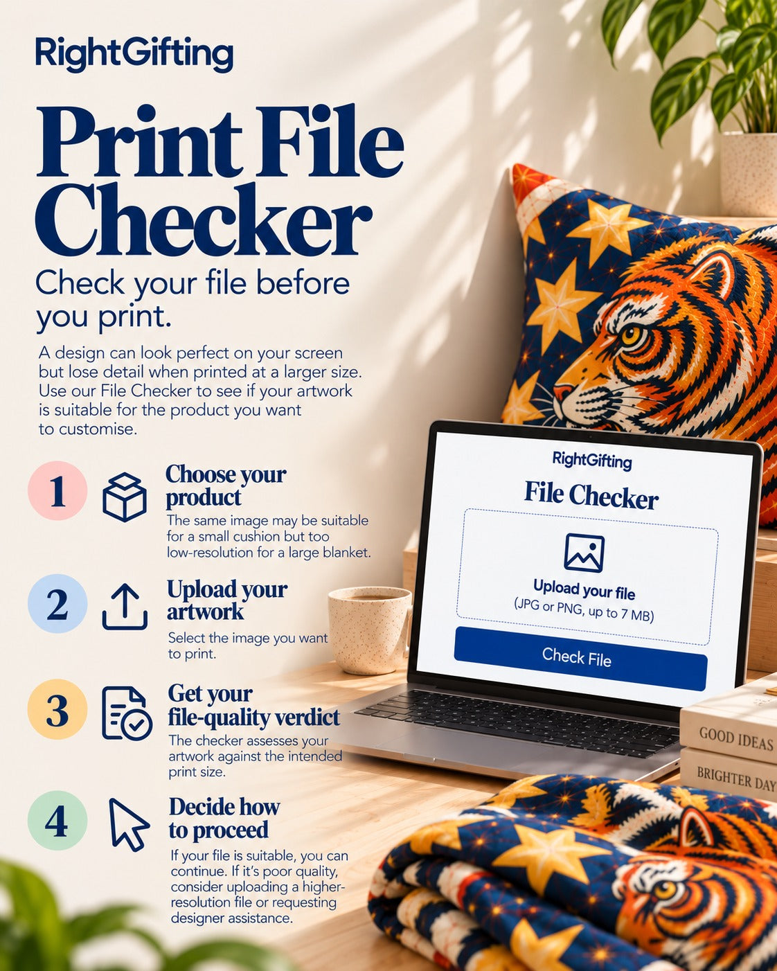 Infographic: Print File Checker, check your file before you print. A design can look perfect on your screen but lose detail when printed at a larger size; use our File Checker to see if your artwork suits the product you want to customise. Four steps: 1 choose your product, because the same image may suit a small cushion but be too low-resolution for a large blanket; 2 upload your artwork, the image you want to print; 3 get your file-quality verdict, the checker assesses your artwork against the intended print size; 4 decide how to proceed: continue if it is suitable, or if it is poor quality upload a higher-resolution file or ask for designer assistance.