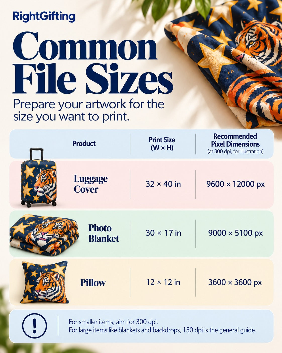 Infographic: Common file sizes, prepare your artwork for the size you want to print. Recommended pixel dimensions at 300 dpi, for illustration: luggage cover, print size 32 by 40 inches, 9600 by 12000 pixels; photo blanket, 30 by 17 inches, 9000 by 5100 pixels; pillow, 12 by 12 inches, 3600 by 3600 pixels. For smaller items aim for 300 dpi; for large items like blankets and backdrops, 150 dpi is the general guide.