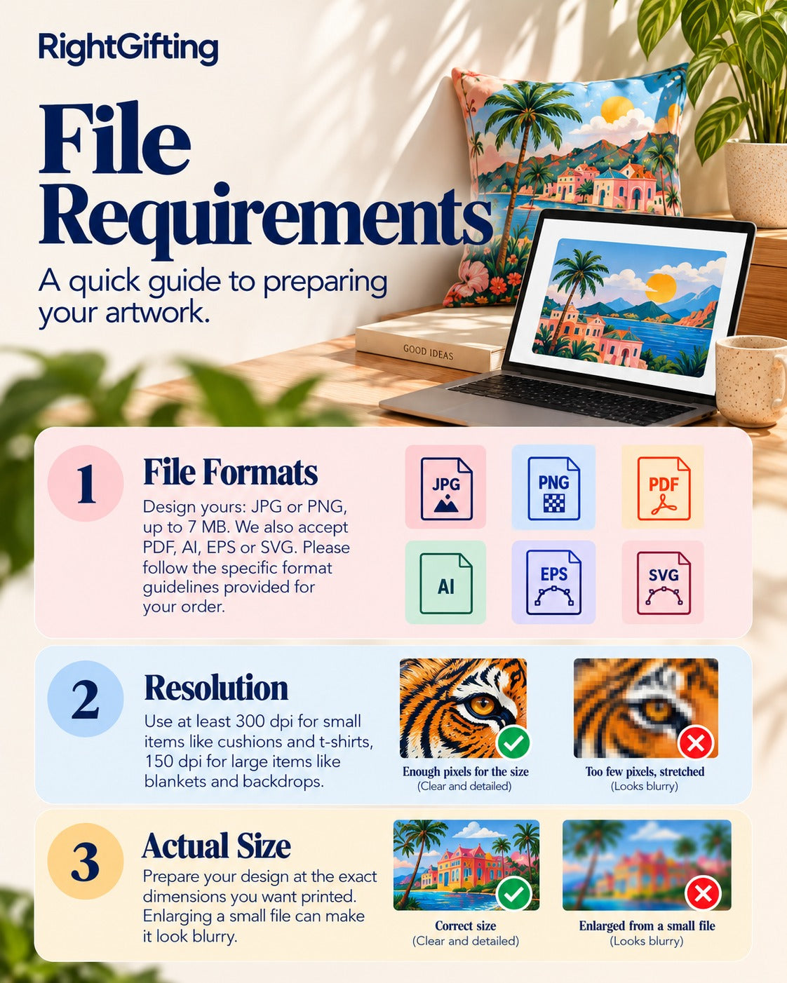 Infographic: File requirements, a quick guide to preparing your artwork. 1 File formats: Design Yours takes JPG or PNG up to 7 MB; we also accept PDF, AI, EPS or SVG; please follow the specific format guidelines provided for your order. 2 Resolution: use at least 300 dpi for small items like cushions and t-shirts, 150 dpi for large items like blankets and backdrops; enough pixels for the size print clear and detailed, too few pixels stretched look blurry. 3 Actual size: prepare your design at the exact dimensions you want printed; enlarging a small file can make it look blurry.