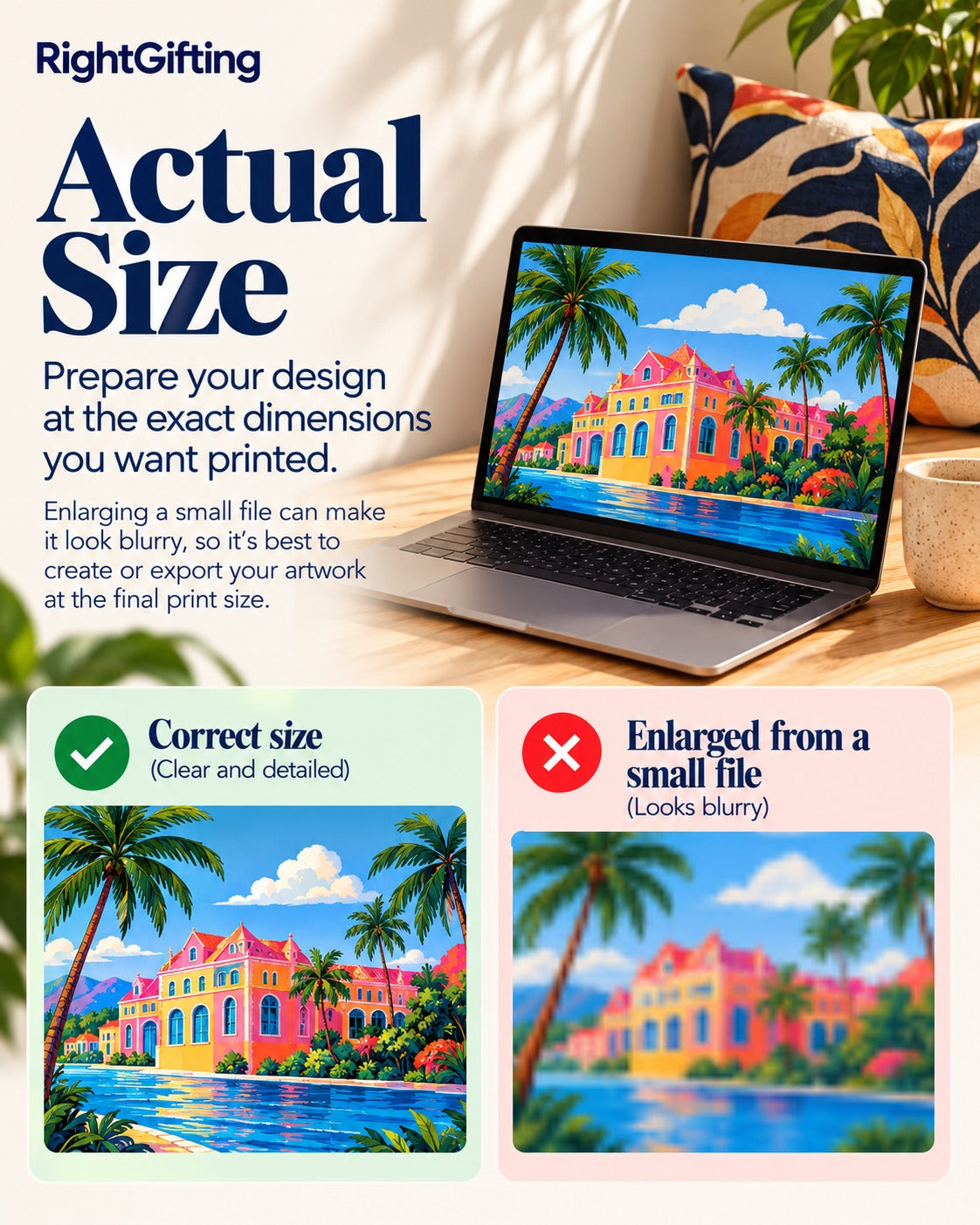Infographic: Actual size. Prepare your design at the exact dimensions you want printed. Enlarging a small file can make it look blurry, so it is best to create or export your artwork at the final print size. Correct size: clear and detailed. Enlarged from a small file: looks blurry.