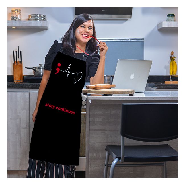 Story Continues Text Printed Black Background Designed Customised Full Apron