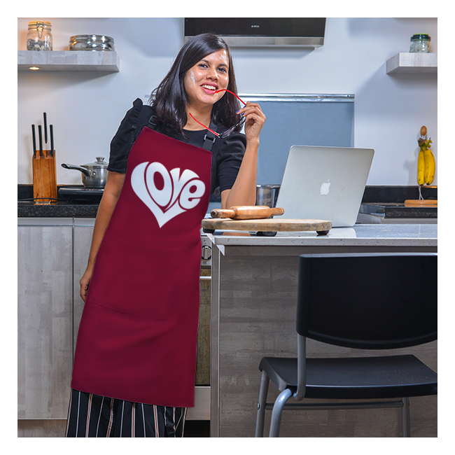 Love Text Printed Beautiful Full Apron with Adjustable Neck Strap and Pocket
