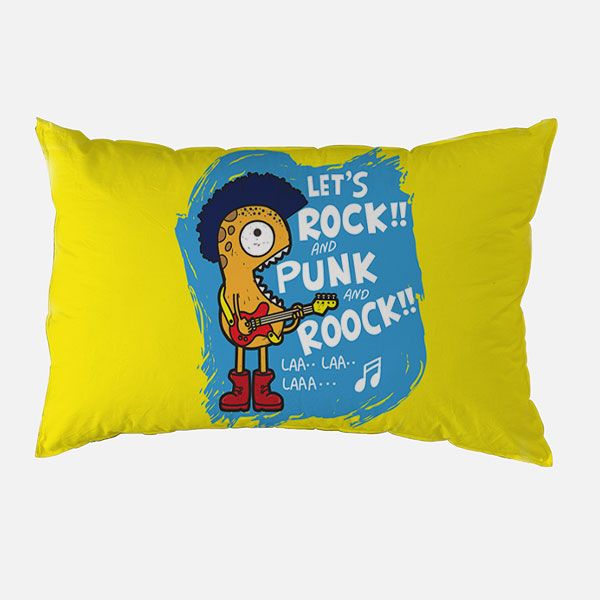 Let's Rock Punk Roock Kids Pillow Cover - Yellow Blue Guitar Monster