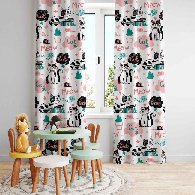 Cat Cartoon Image Printed Customised Design Door Curtain Set Of 2 in Fabric Material
