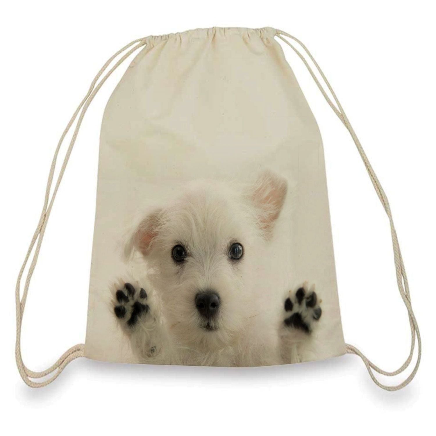 Drawstring bag with a puppy design on a white background