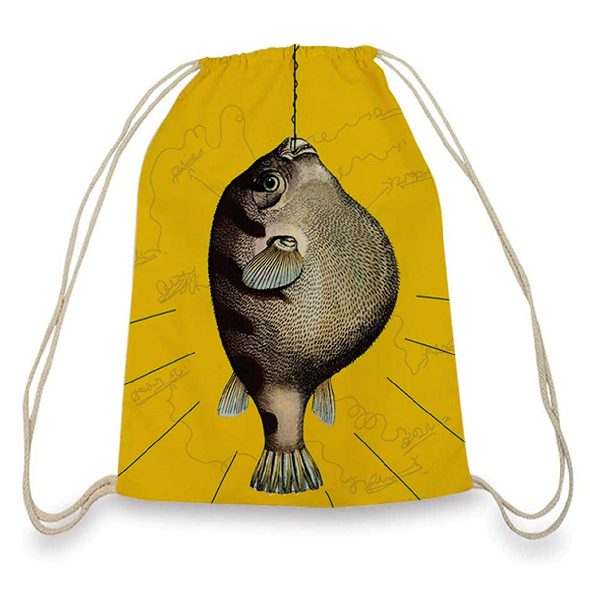 Fish Drawstring Bag Hooked Fish Drawstring Bag - Yellow Vintage Fish Hook Customizable ...