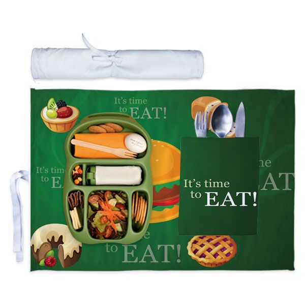 Kids Meal Mat - It's Time to Eat Food Illustrations Green Satin 46x31cm