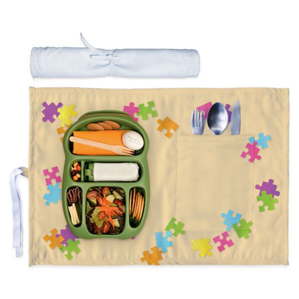 Kids Meal Mat - Colorful Puzzle Pieces Beige Satin 46x31cm