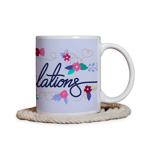 Lavender Floral Swirl "Congratulations" Calligraphy Personalised Mug - close-up detail