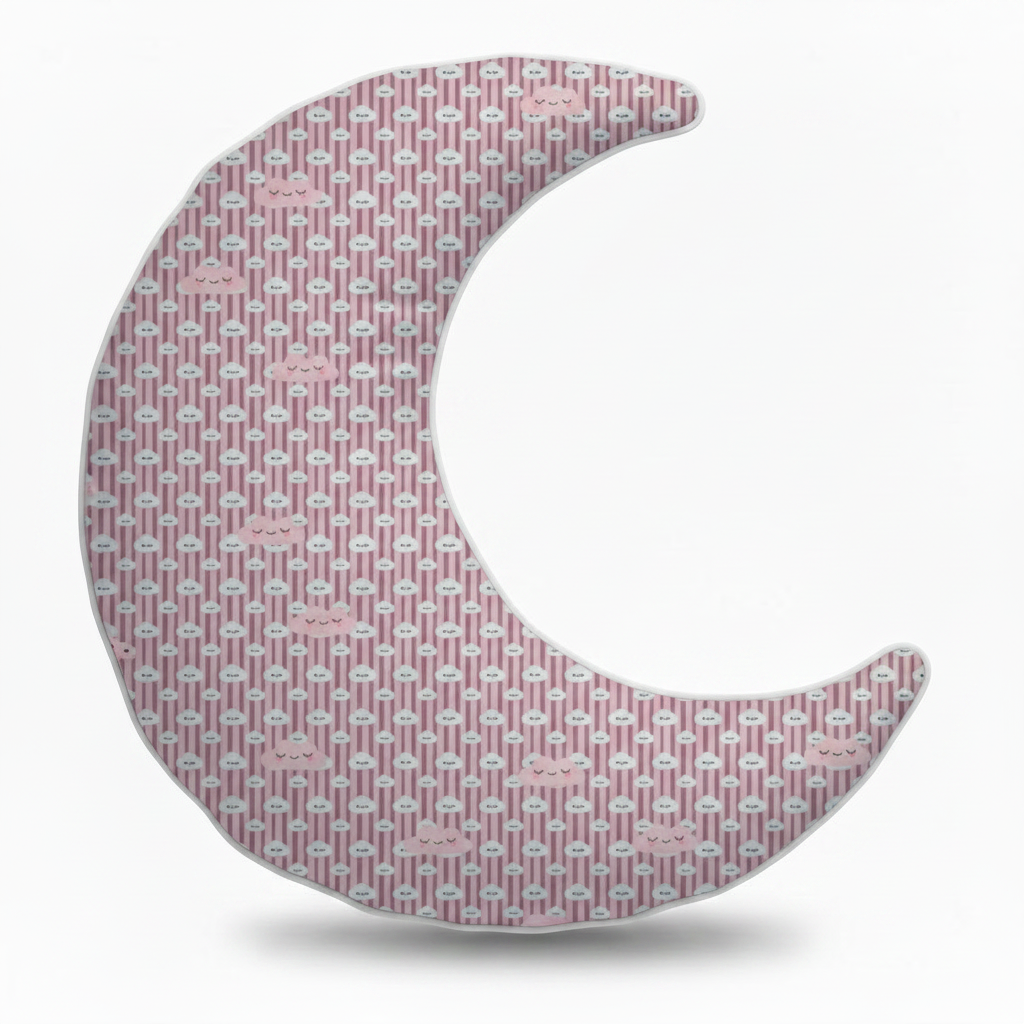Moon Shaped Cushion - Sleepy Cloud Faces Pink Mauve Stripe Custom Printed Satin With Filler - front view