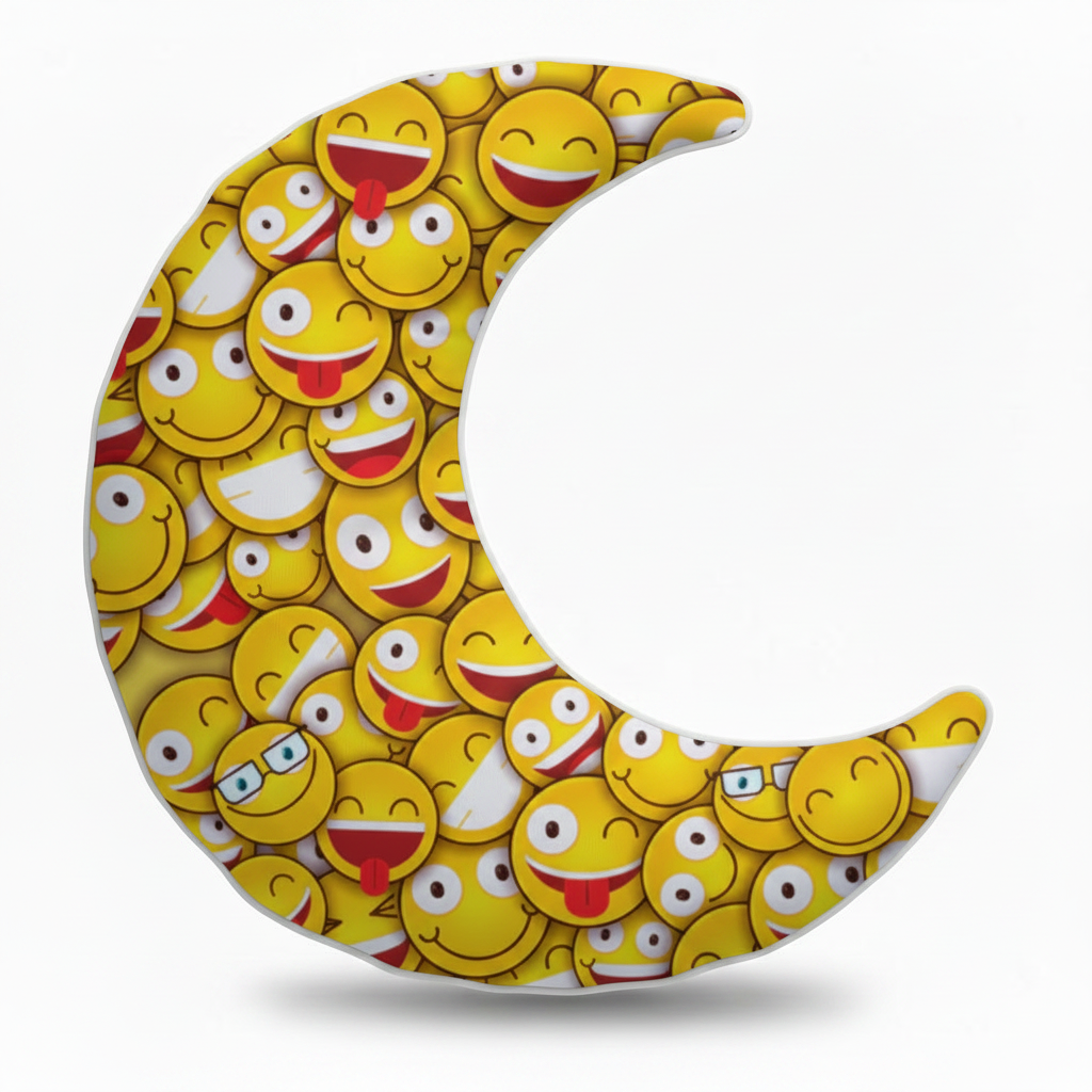Moon Shaped Cushion - Smiley Emoji Faces Custom Printed Satin With Filler - front view