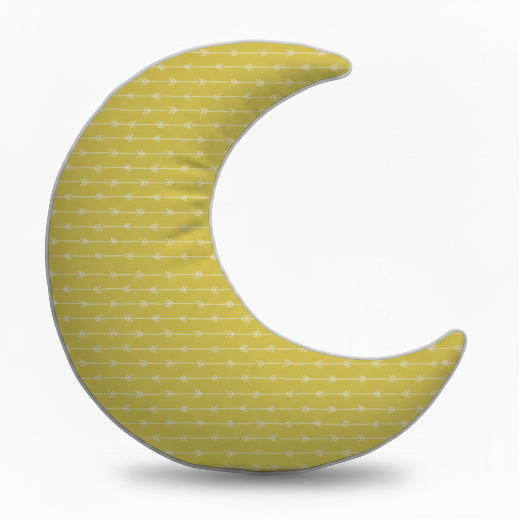 Moon Shaped Cushion - White Arrows Yellow Green Horizontal Stripe Custom Printed Satin With Filler - front view