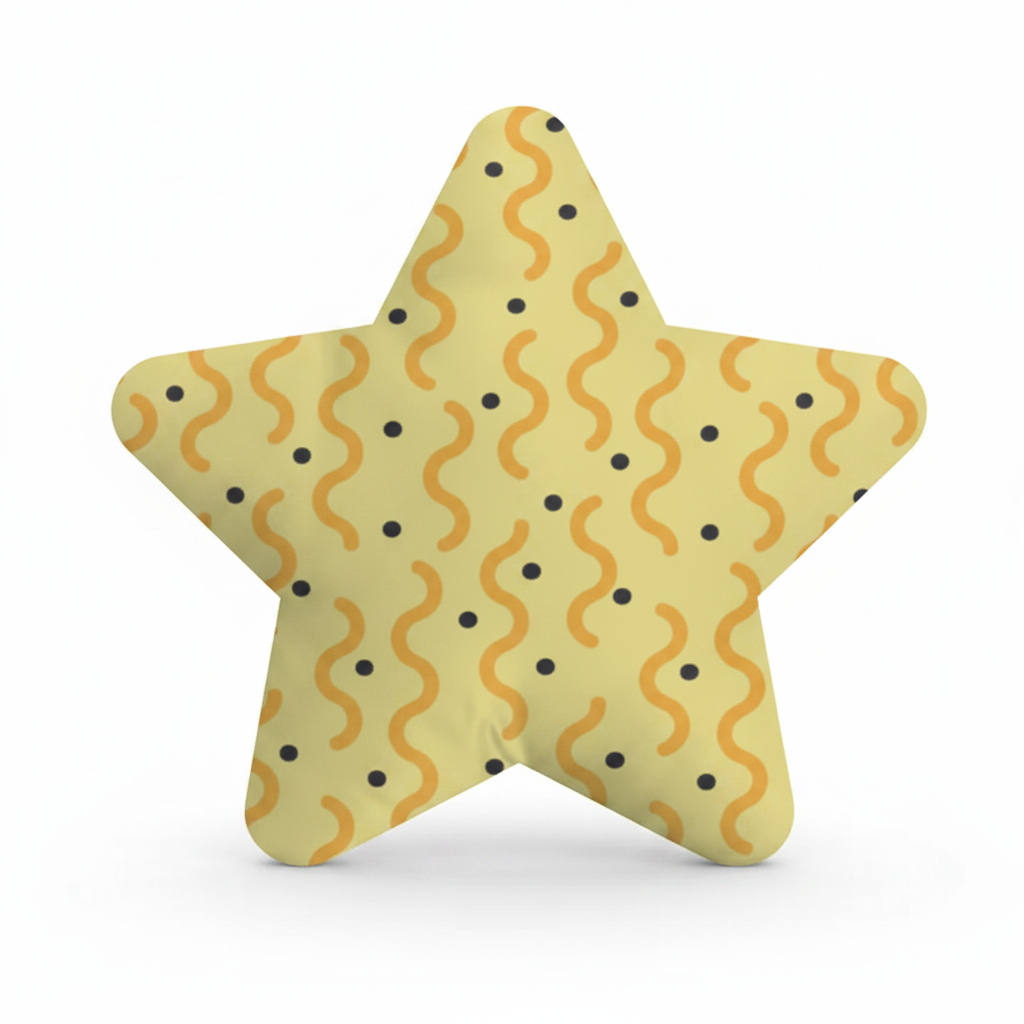 Personalised Star Shaped Cushion - Yellow Orange Squiggles Brown Dots Custom Printed Satin With Filler - front view